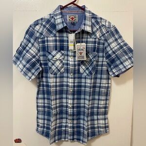Flag &Anthem Desert Son Men Button Up Plaid Shirt Blue White Short Sleeve Medium